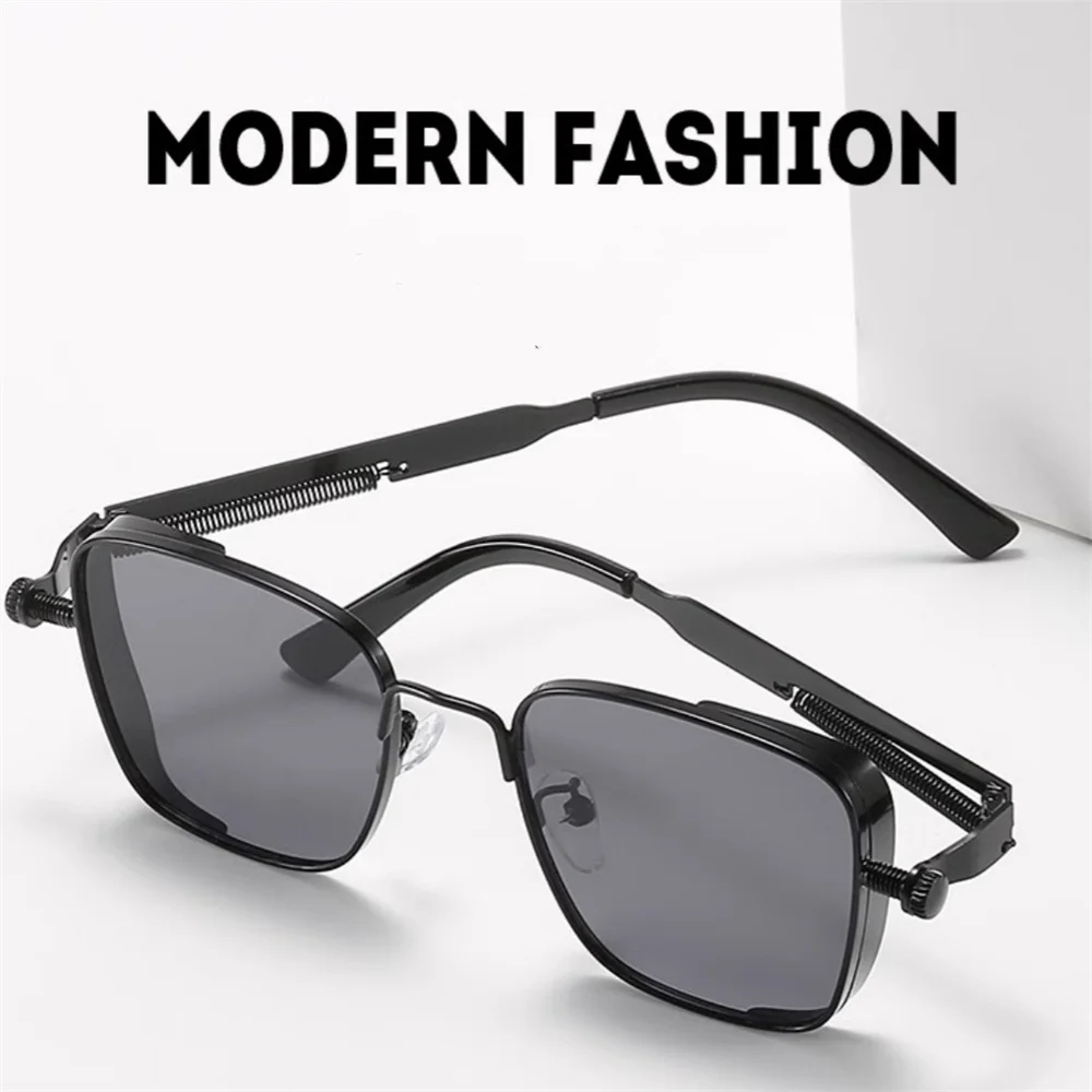 Lunettes de soleil vintage steampunk carrées pour hommes, monture métallique avec charnières à ressort, lunettes de conduite tendance pour femmes