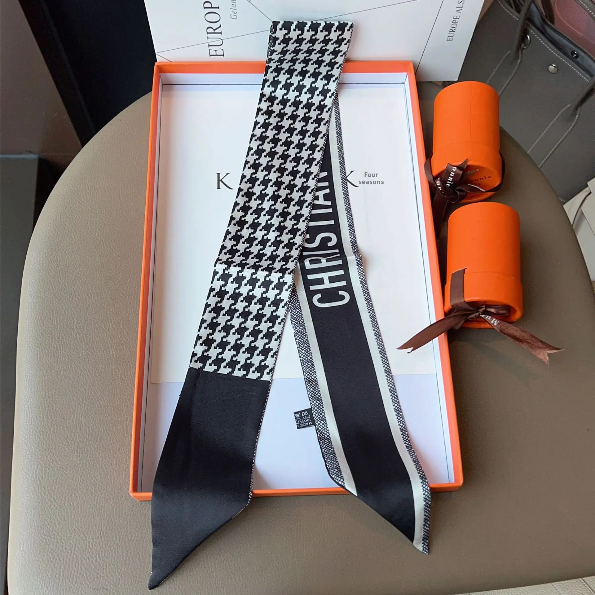 Mini-foulard en soie imprimé à carreaux, bandeau, ruban de poignée pour sac, ruban tendance et à la mode pour l'été, motif œil-de-perdrix classique D Home