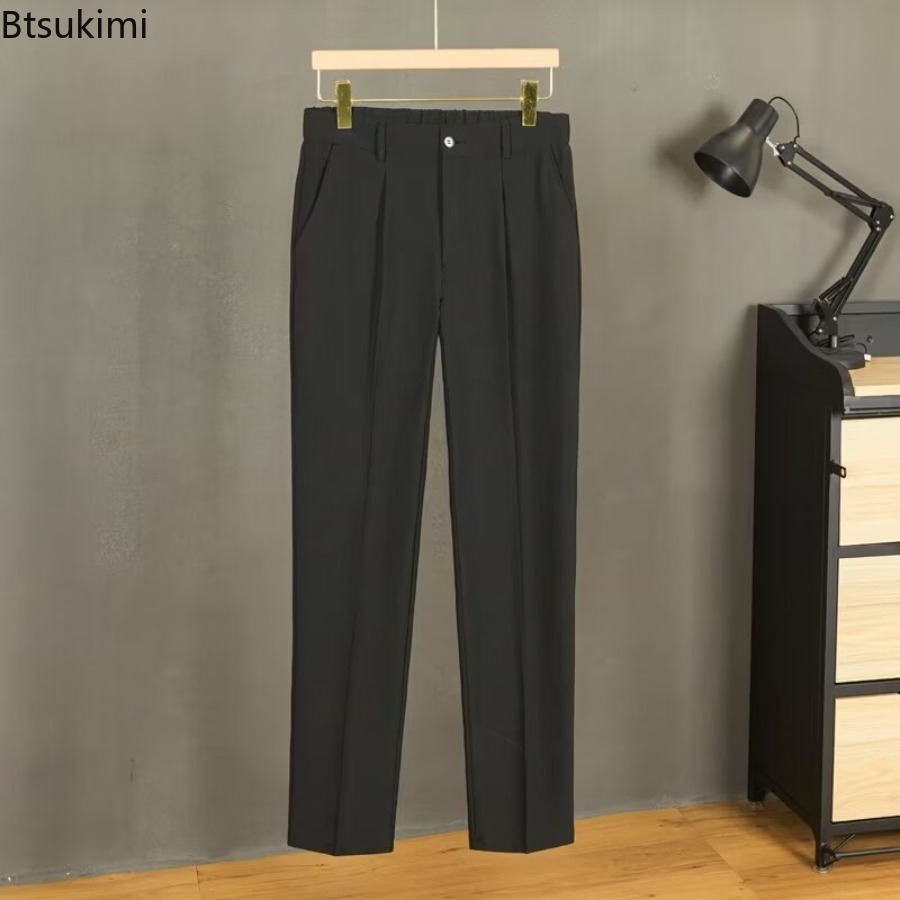 Pantalon d'été taille moyenne pour hommes, tenue décontractée, couleur unie, boutons, Slim, formel, bureau, Social, robe de soirée de mariage, costume