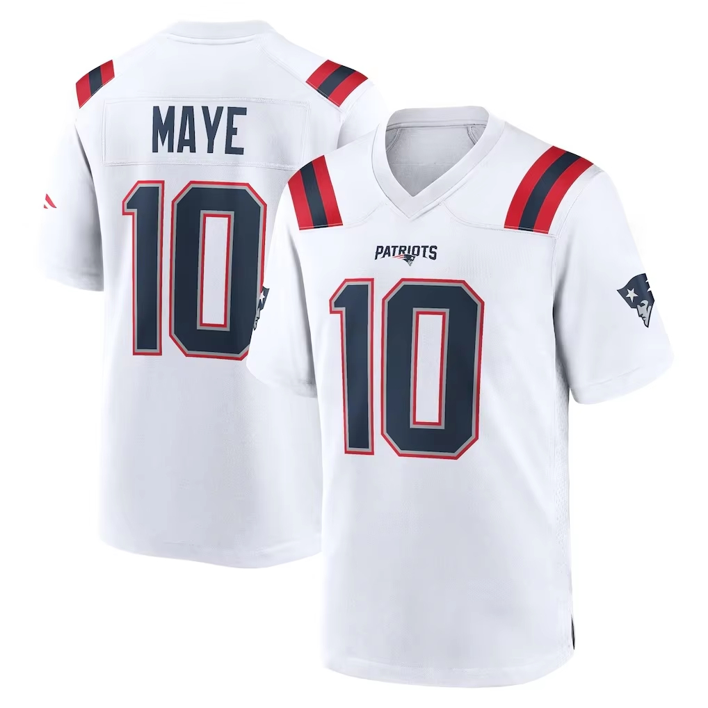 Maillot de football Patriots Maye n°10 à impression double face, uniforme de jeu à manches courtes et col en V pour hommes, maille respirante à motif œil d'oiseau, soutien pour les supporters.