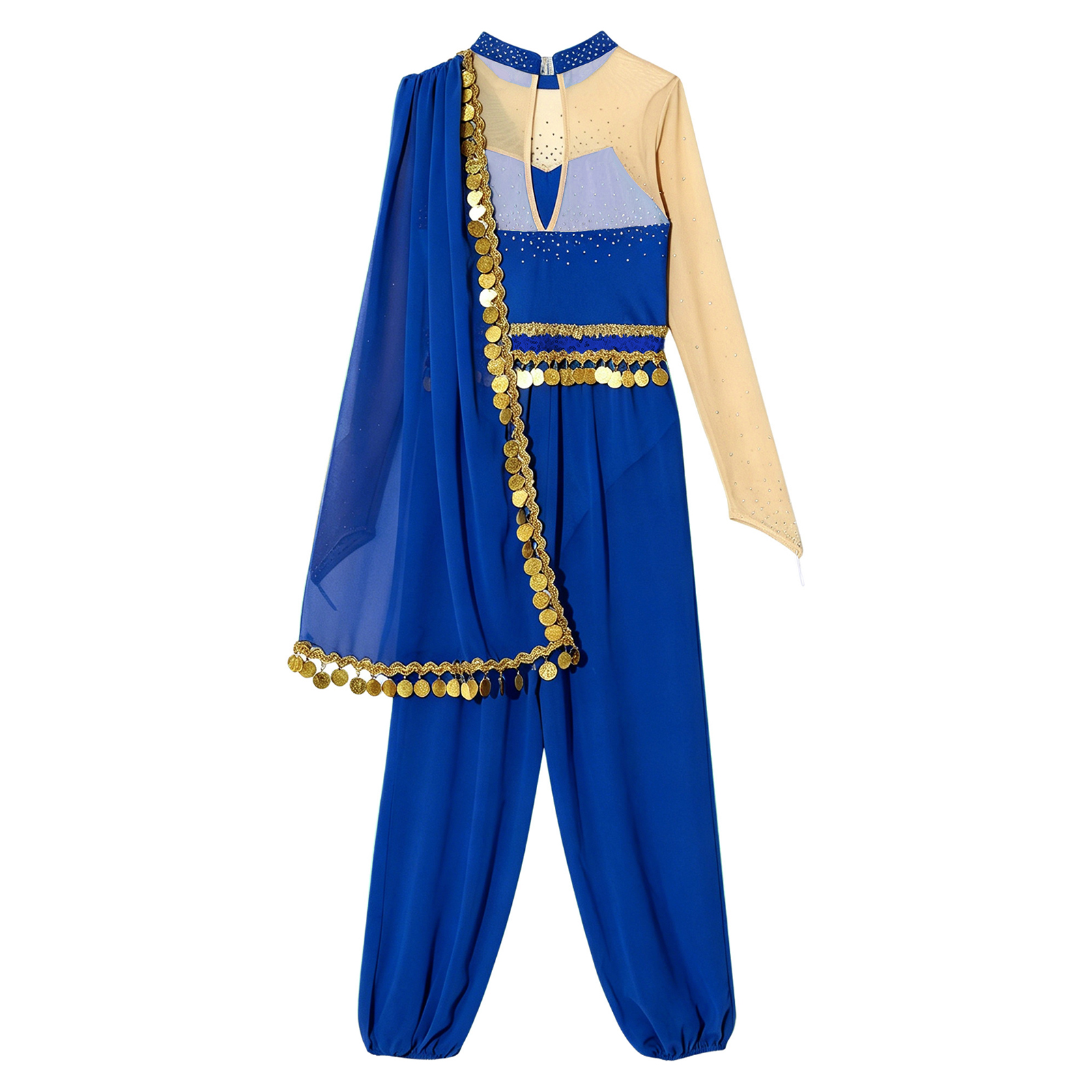 Tenues de danse du ventre de princesse arabe pour filles, costume de cosplay d'Halloween, combinaison à paillettes, franges et strass, body à manches longues