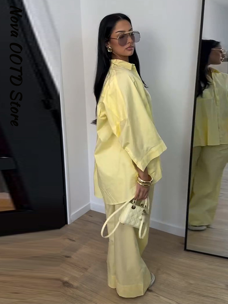 Ensemble chemise et pantalon amples pour femme, col à revers uni, simple boutonnage, manches longues, hauts amples, pantalon large, 2 pièces, tenue printemps 2026
