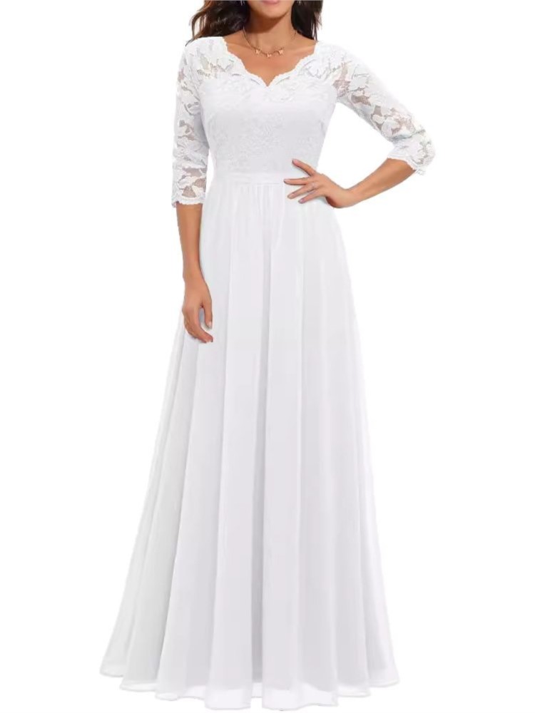 Mode dentelle Robe ample pour les femmes élégant solide trois quarts col en V taille haute robes Robe Femme formelle soirée nouveau