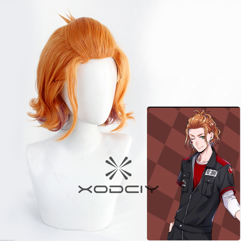 Twisted-Wonderland – perruque Cosplay en cheveux synthétiques, Orange mixte, courts, résistants à la chaleur, pour fête de carnaval, Halloween + bonnet