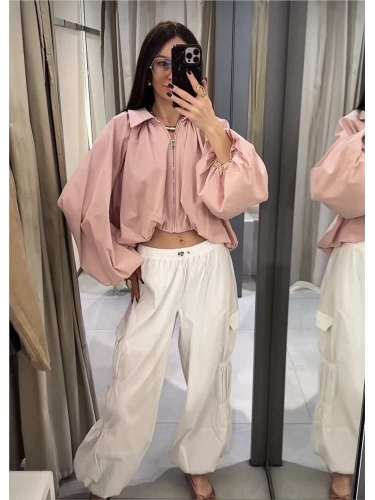 Blouson Bomber Femme Tendance Col Rabattu Manches Longues Bouffantes Ourlet Froncé Poches Fermeture Éclair Manteau Chic pour Femme