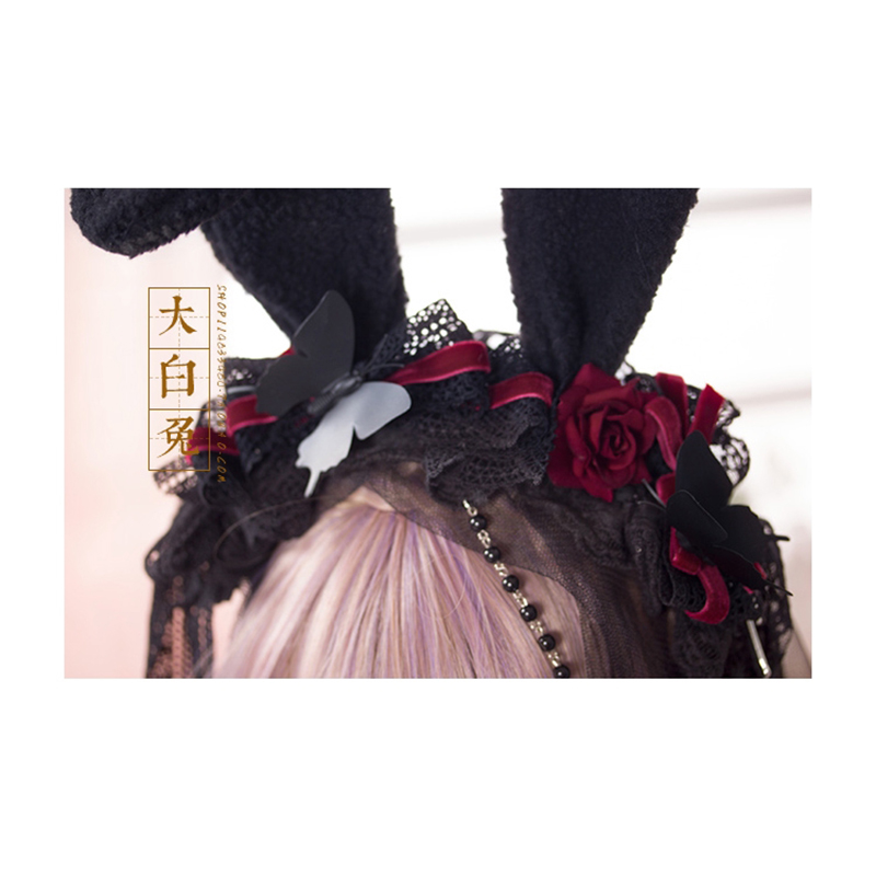 Bandeau oreilles de lapin, voile noir lolita, accessoires gothiques kc en fil de dentelle