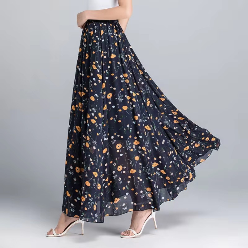 Taille haute femmes été automne jupes en mousseline de soie taille élastique Midi pleine jupe longue imprimer a-ligne mère danse balançoire jupe DURIKIES