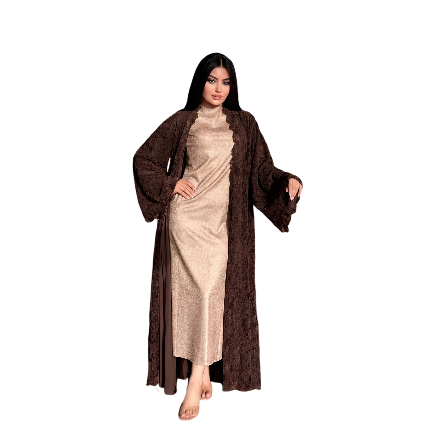 Abaya Cardigan Dubaï à Double Couche en Dentelle pour Femme – Robe Ample et Respirante, Kaftan Décontracté, Vêtement Islamique