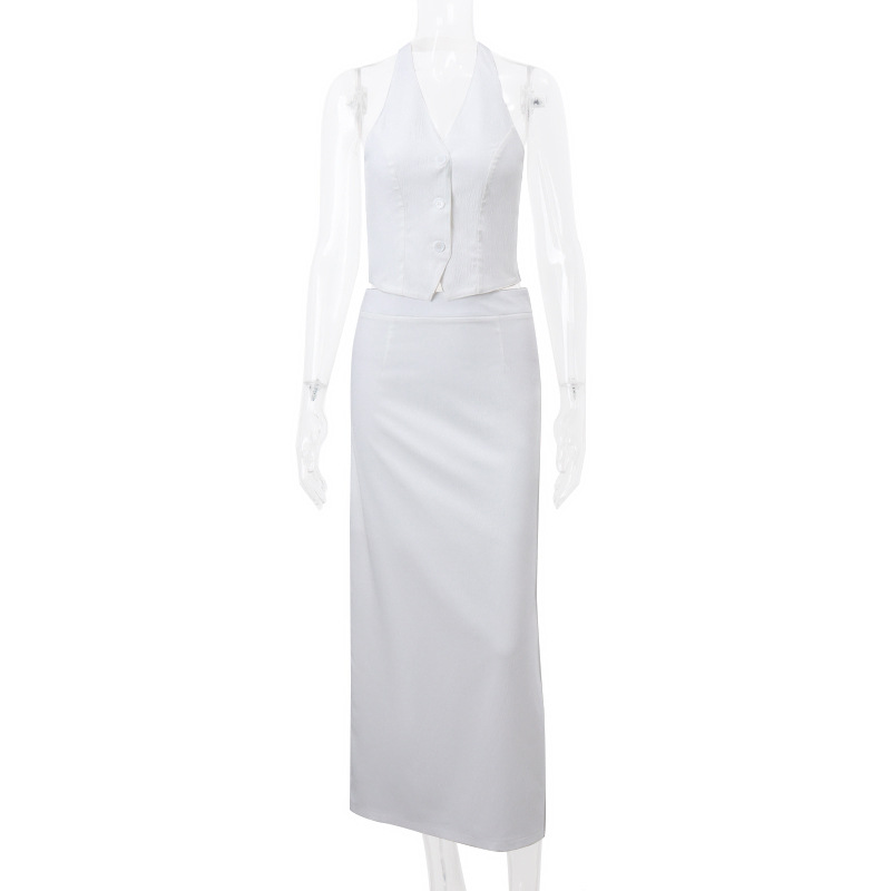 Tenue d'été 2 pièces pour femmes, couleur unie, hauts à boutons et jupe longue fendue, ensemble pour Streetwear, vêtements esthétiques y2k
