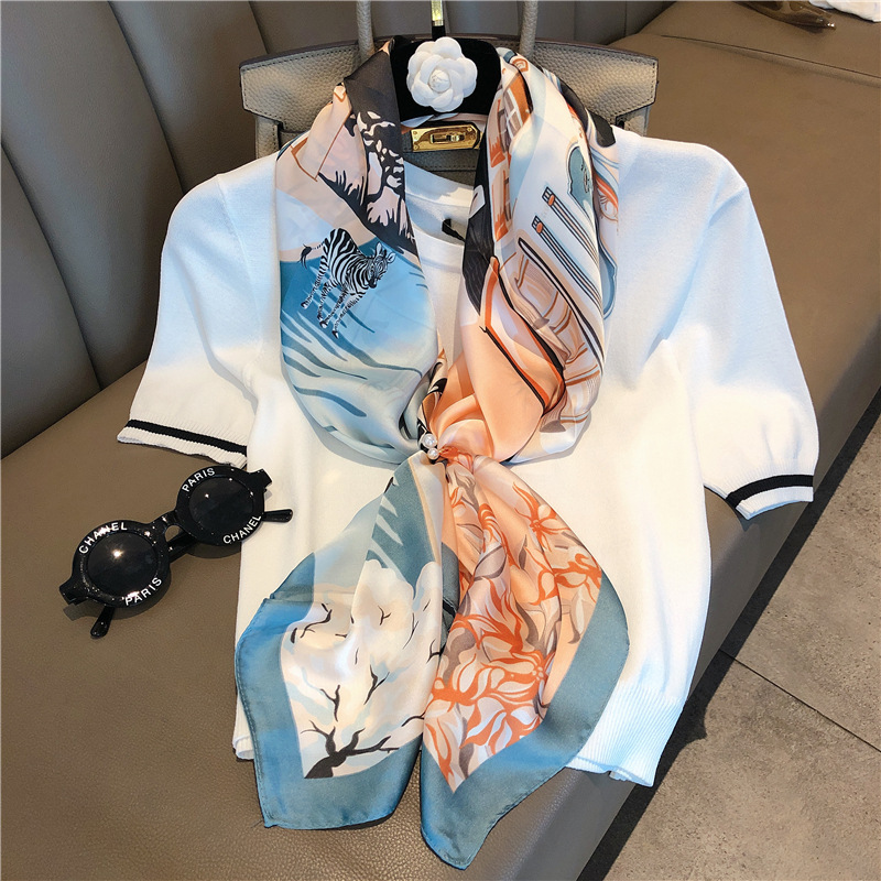 Foulard de luxe en soie imitée pour Femme, grand châle imprimé, écharpe carrée, Bandana, 90x90cm