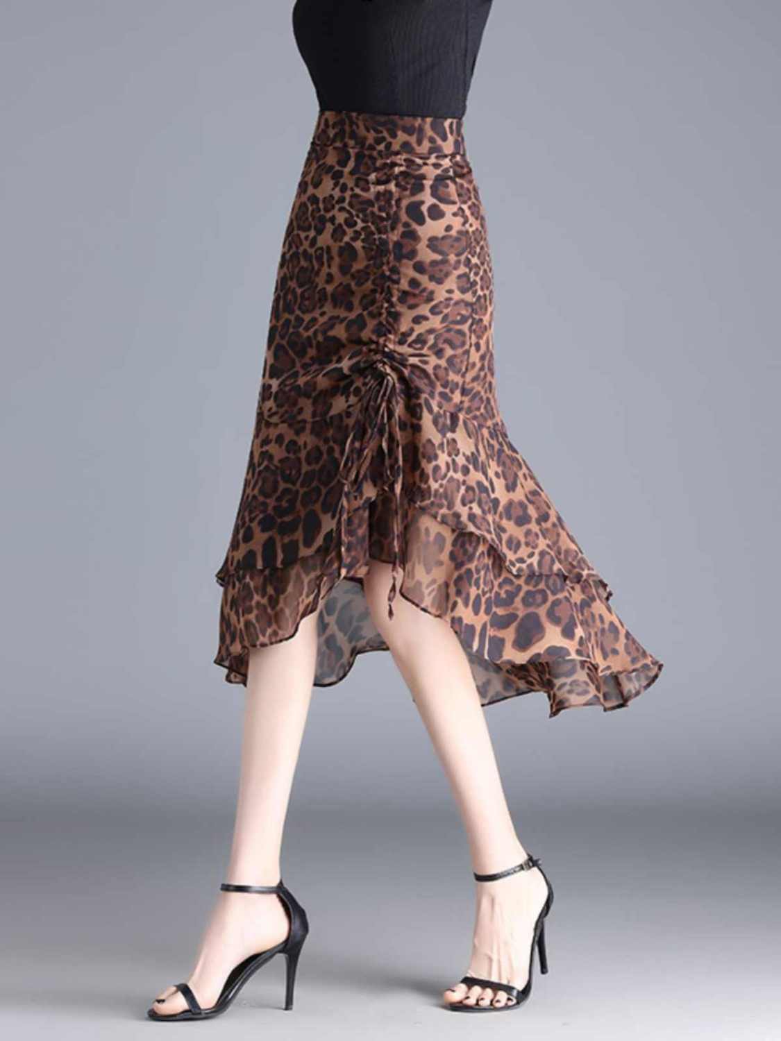 Jupes mi-longues en mousseline de soie pour femmes, taille haute, imprimé léopard, ligne A irrégulière, élégante, décontractée, Y2k, Vintage, mode coréenne V