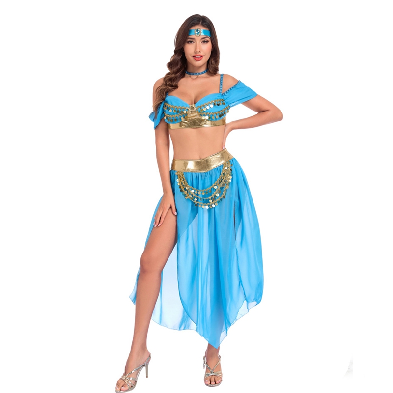 Costume de danse du ventre Arabian Nights pour femmes, costume de princesse Genie bleu et or, tenue sur le thème de la lampe magique, cosplay, robe de fête d'Halloween