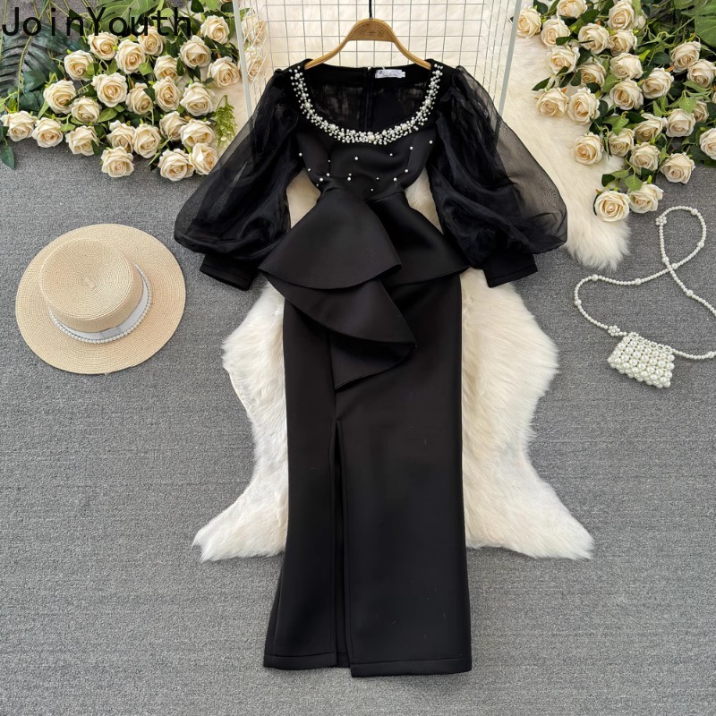 Robe De soirée en gaze pour femmes, manches lanternes, col carré, perles, fendue, 2025