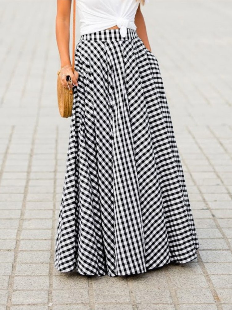 Jupe élégante et décontractée pour femme, taille haute, longue, style rétro, pour les vacances ou le bureau, motif Vichy, vêtements féminins