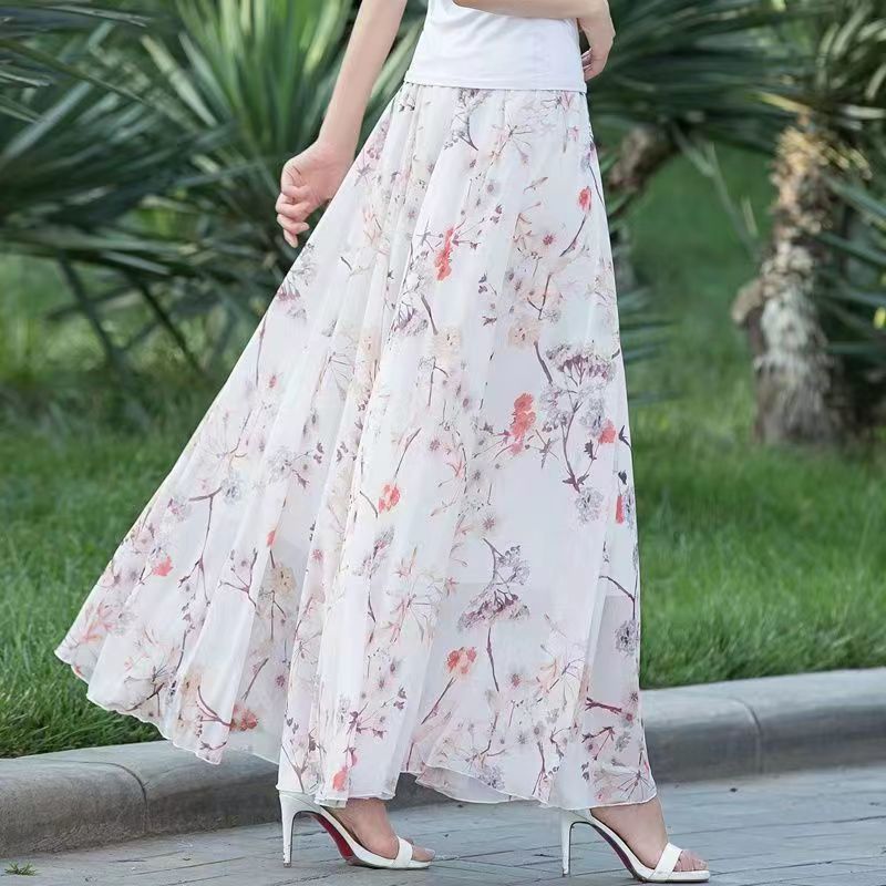 Jupe longue taille haute en mousseline de soie pour femme, tenue élégante de Style coréen, imprimé Floral, coupe trapèze, Style Boho, offre spéciale, été