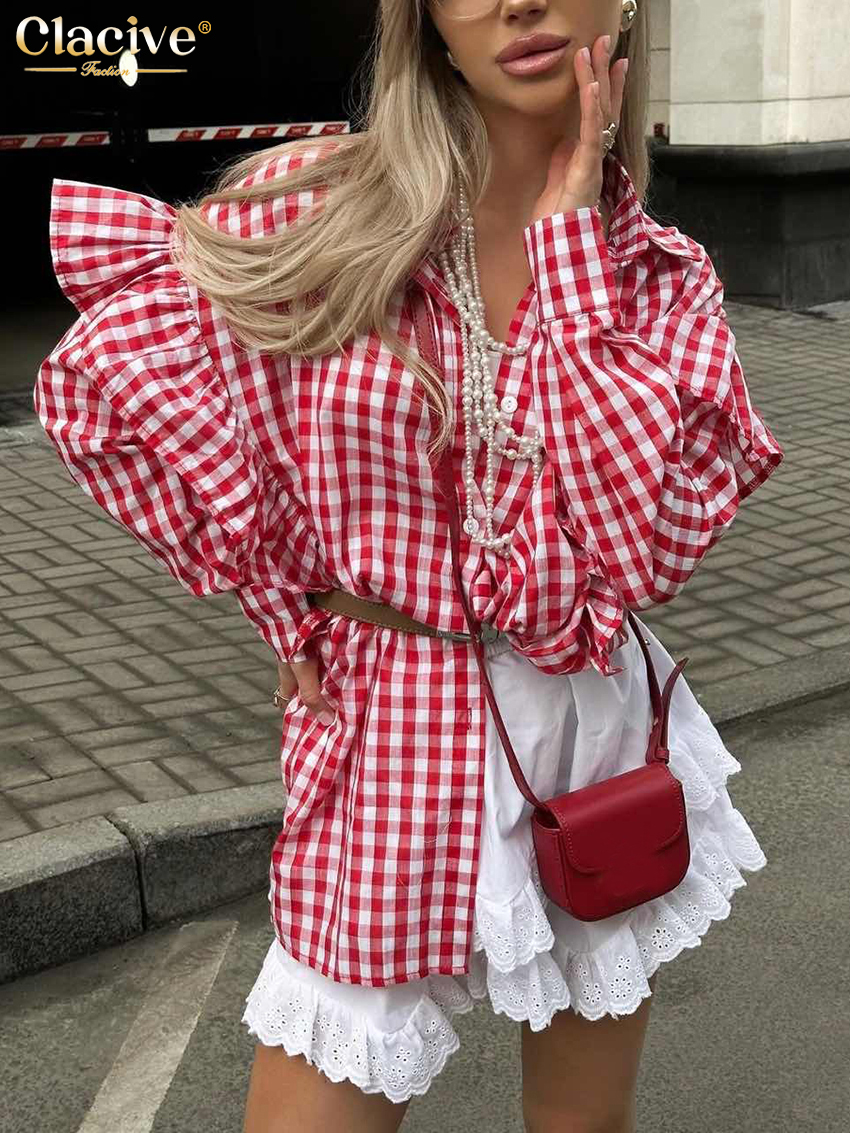 ClacMarkets-Chemisier en coton à carreaux pour femmes, chemises à manches longues à revers, haut à volants classique élégant, vêtements pour femmes, mode 2024