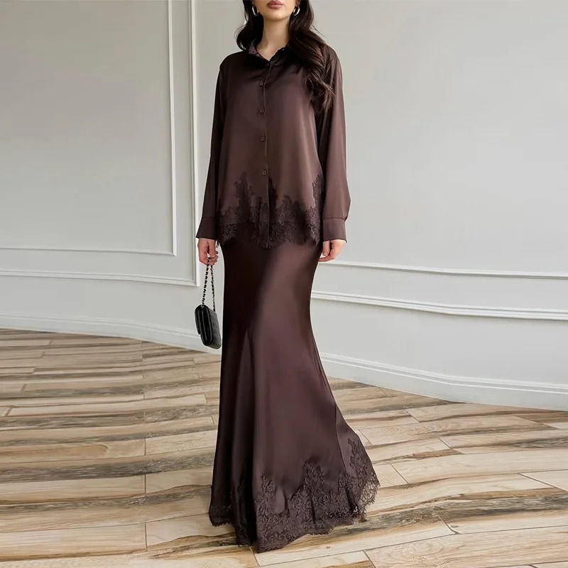 Ensembles deux pièces pour femmes : Hauts à manches longues sexy en dentelle à col rabattu et jupes longues taille haute, style Y2K streetwear élégant pour le travail