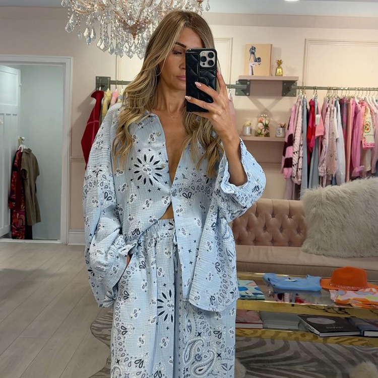 Ensembles 2 pièces pour femmes (hauts + bas) – Blouse imprimée à manches longues et pantalon long ample pour le printemps et l'automne – Tenue décontractée pour les vacances