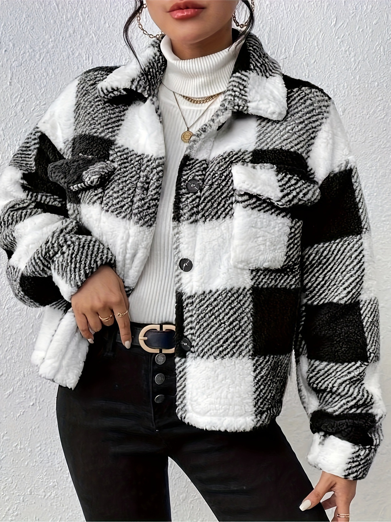Veste femmes Plaid imprimé manteau en peluche automne hiver Vintage pardessus poches simple boutonnage col rabattu vêtements de dessus pour femmes