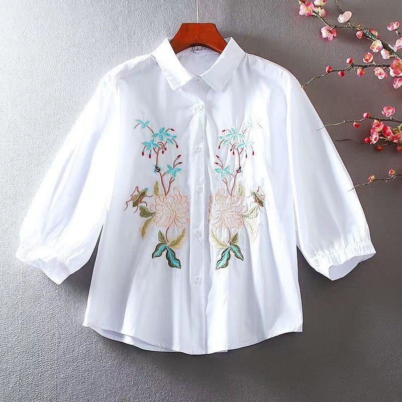 Chemise brodée à manches lanterne pour femmes, chemisier rétro, conception de style occidental, fouet, mode d'été, nouveau, 2024