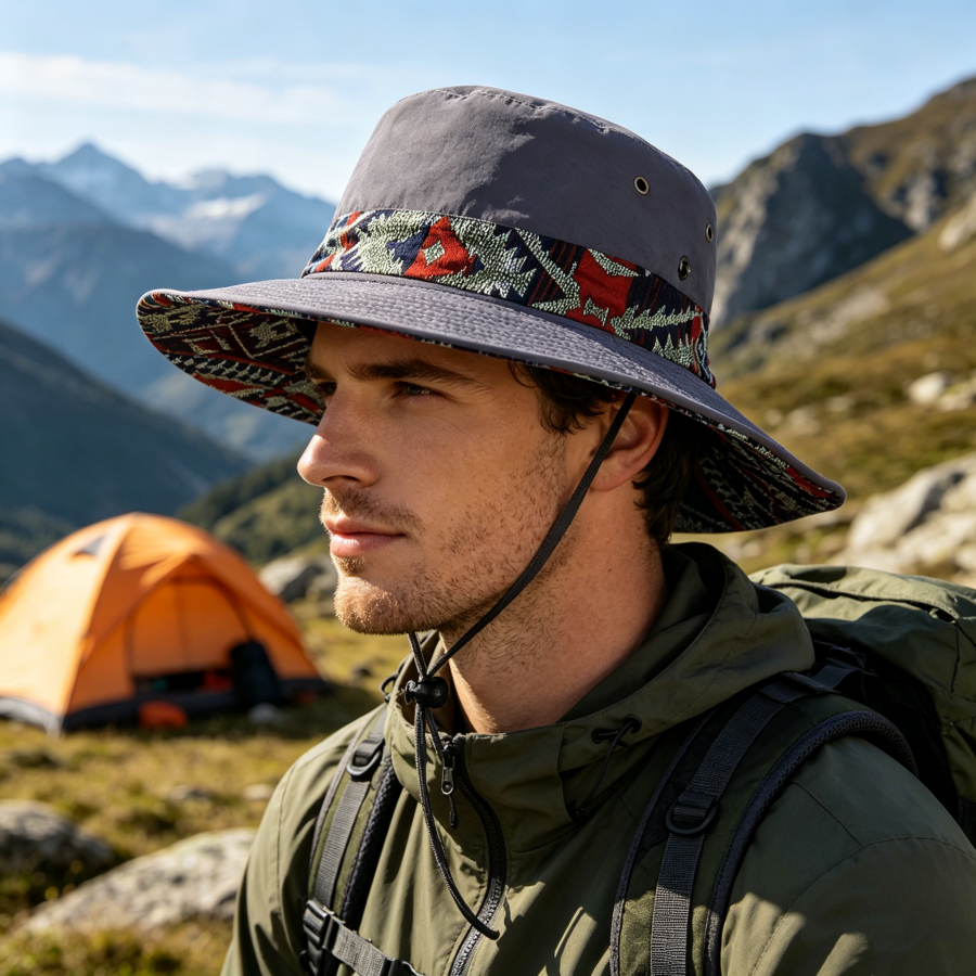 Chapeau de pêcheur à large bord de style ethnique, protection solaire, unisexe, pour la randonnée et le camping, pliable et respirant, avec cordon coupe-vent, adapté à la randonnée et au trekking