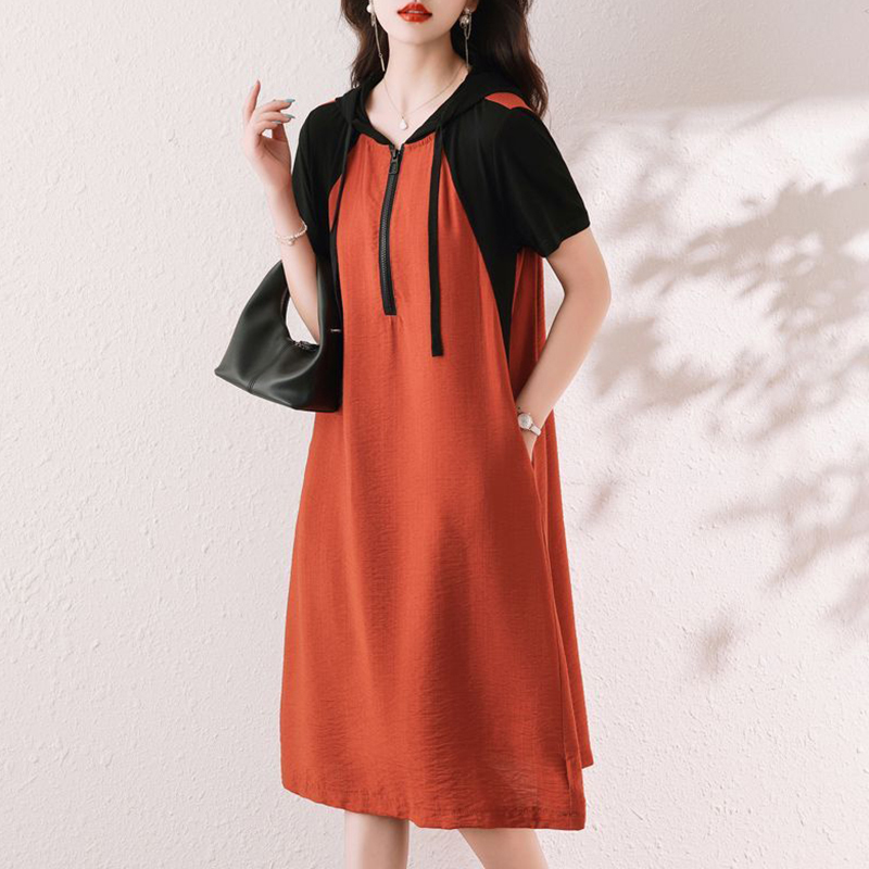 Mode à capuche épissé poches amples robes décontractées vêtements pour femmes 2025 été nouvelle surdimensionné à manches courtes trajet robe mi-longue