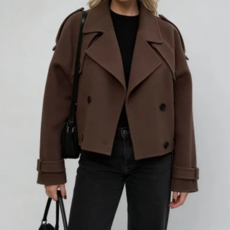Manteau court chic pour femme à col revers et ceinture, double boutonnage, manches longues, couleur unie, pour l'automne et l'hiver
