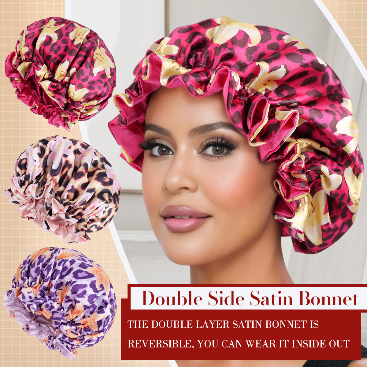 Bonnet en Satin pour cheveux, imprimé Floral léopard, garniture à volants, protège le verrouillage des cheveux, permettant de gagner de l'humidité, bonnet de sommeil pour femmes/hommes, 1 pièce
