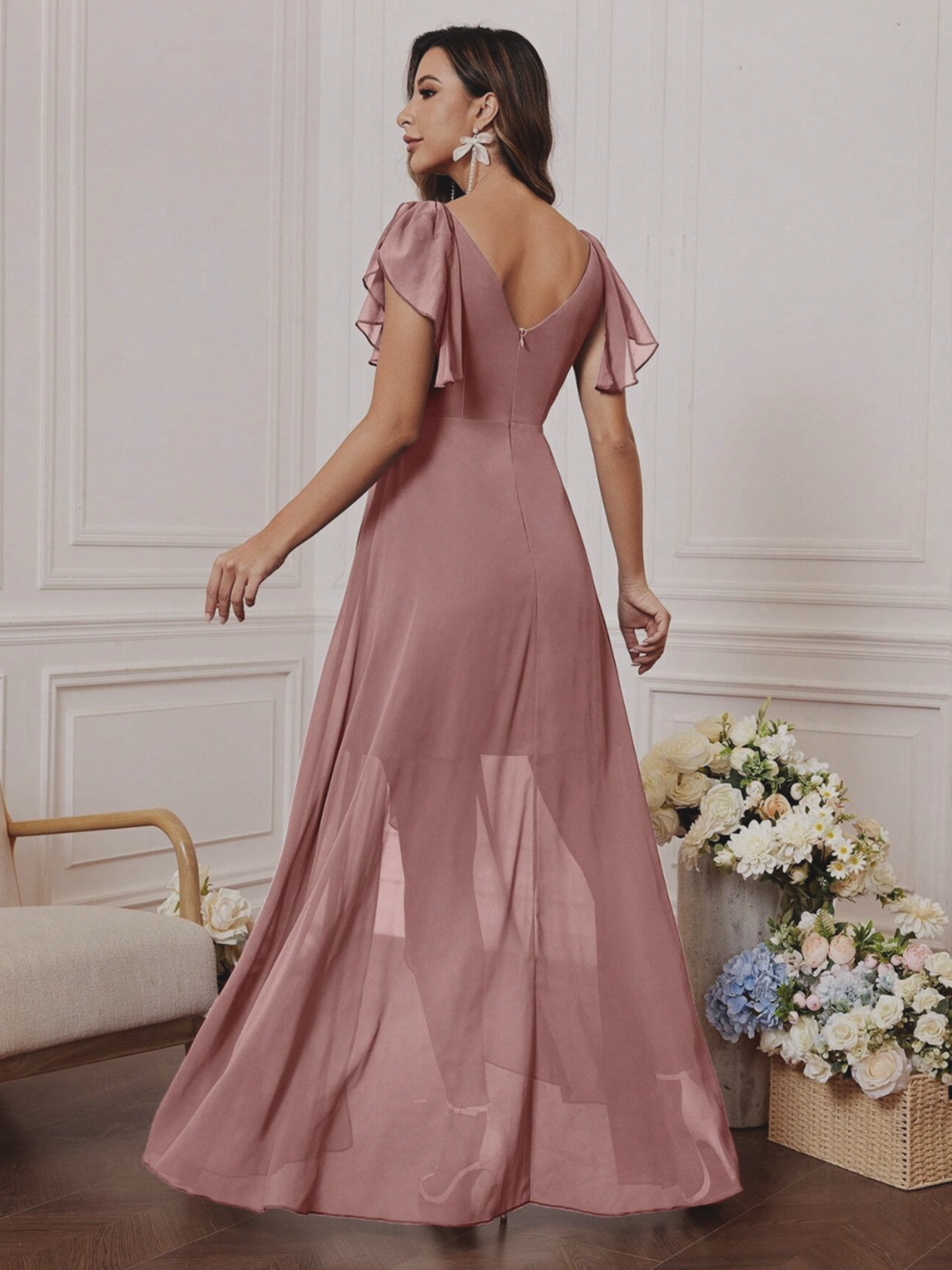 Robe en mousseline à col en V, manches en forme de feuille de lotus, taille haute, plissée, jupe fluide, robe de demoiselle d'honneur, longue robe de soirée de style français