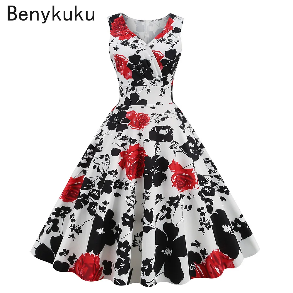 Robe d'été élégante pour femme, style Hepburn, imprimé rétro, sans manches, col en V, motif floral, coupe évasée, vintage, années 50-60, collection 2026