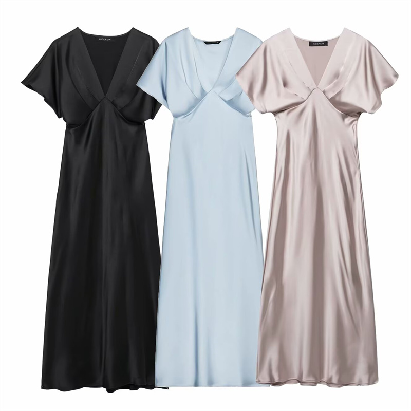 Robe mi-longue en Satin de soie pour femmes, Sexy, col en v, Design élégant, tempérament, bal de Cocktail, nouvelle collection printemps 2025 2330399