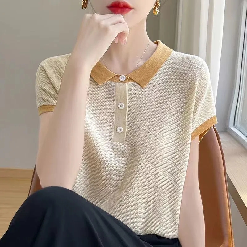 T-shirt femme 2025 été mode réduction de l'âge dame T-shirt tempérament Version coréenne col POLO dames hauts tricotés