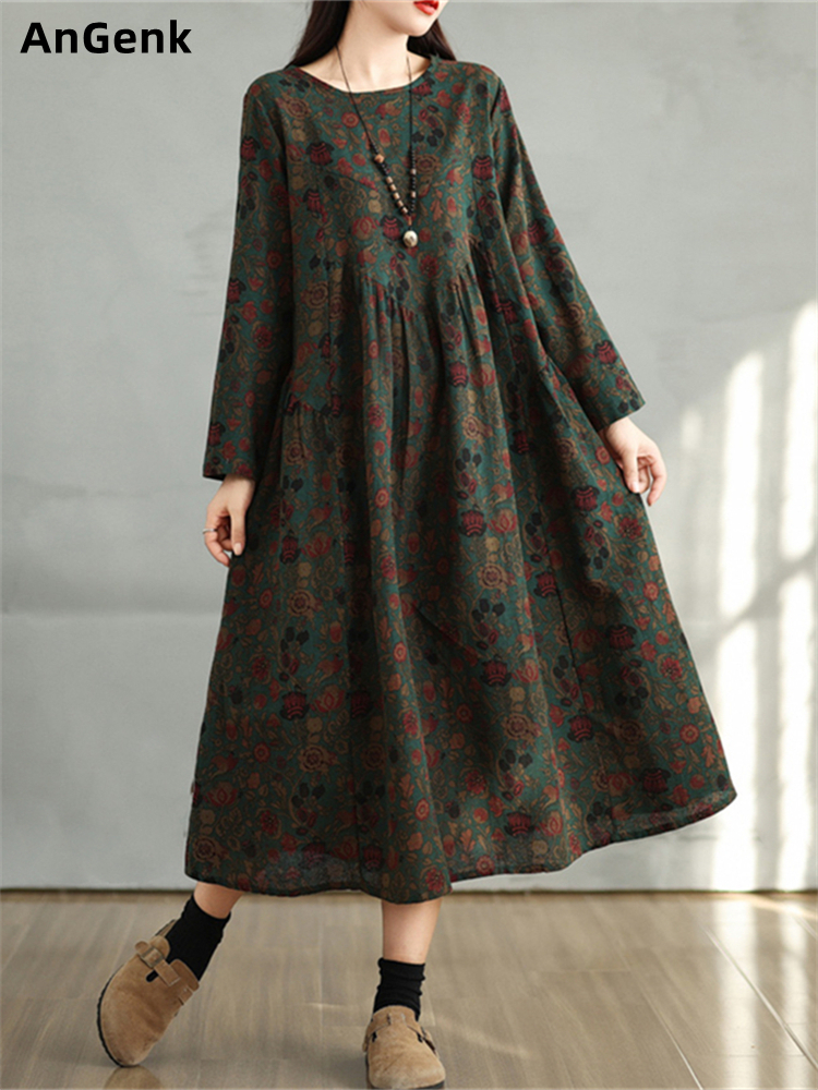 Robes en coton à imprimé floral vintage 2026 pour femmes, robe décontractée à manches longues pour le printemps et l'automne, robe élégante pour femme, vêtements