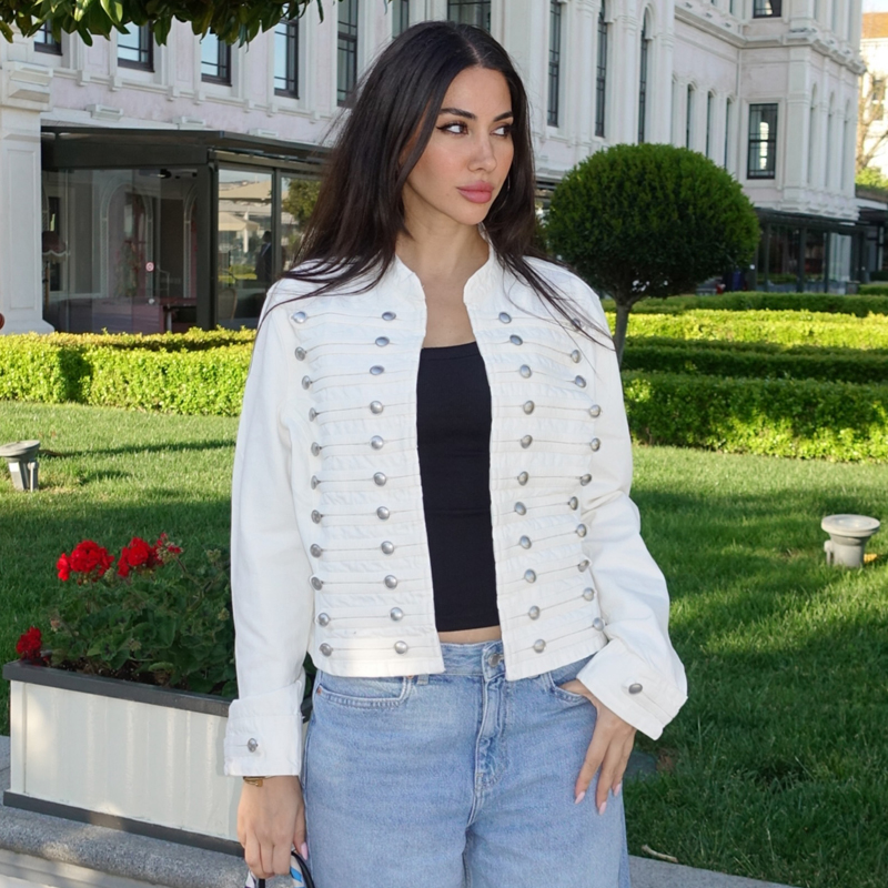 Veste en jean courte pour femme, coupe ajustée, boutonnée, chic, bleue, à manches longues, style streetwear décontracté