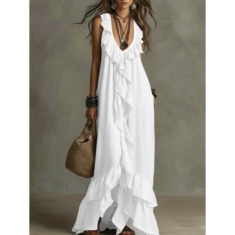 Robe longue bohème à volants, décolleté en V profond, sans manches, à volants en cascade, ample et fluide, longueur ras du sol, pour la plage, les vacances, décontractée, robe longue de plage