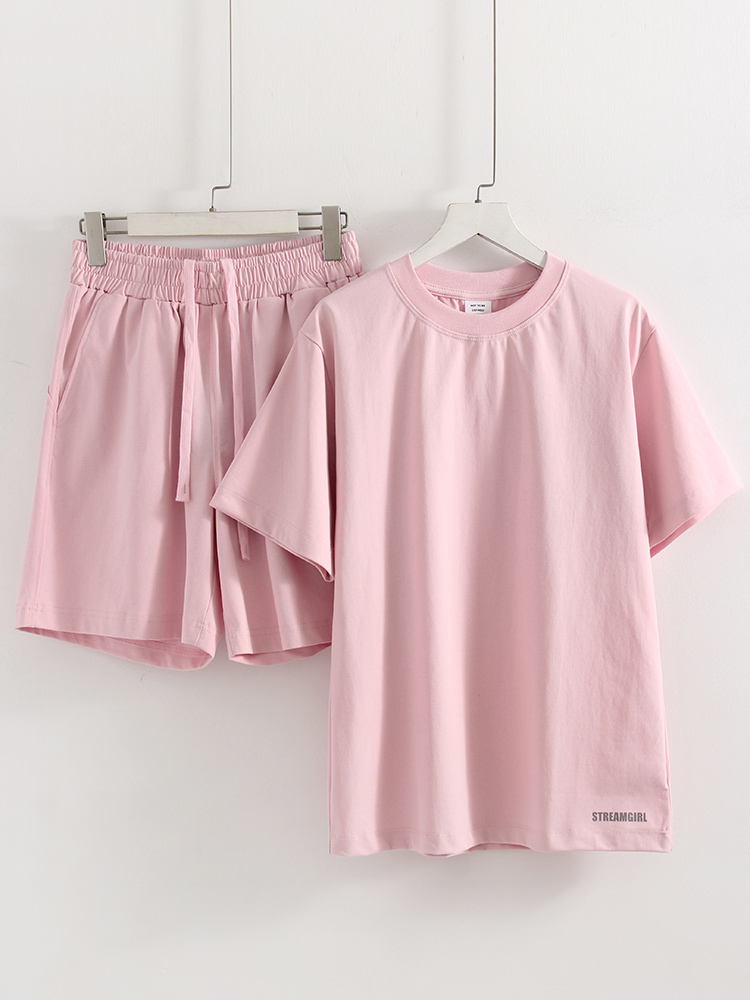Ensemble short 2 pièces été femme en coton marron, t-shirts et shorts oversize, tenues deux pièces pour femme, ensembles courts blancs, rose