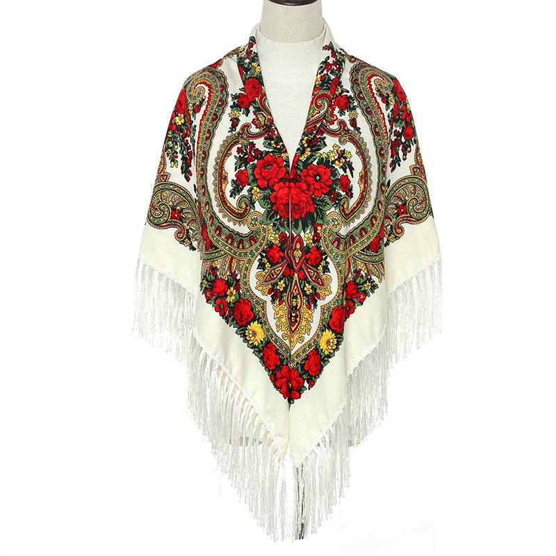 Écharpe carrée pour femme 51*51 pouces, châle rétro à franges, foulards en coton imprimé, hijab, écharpes russes ukrainiennes brodées, cape, bandana