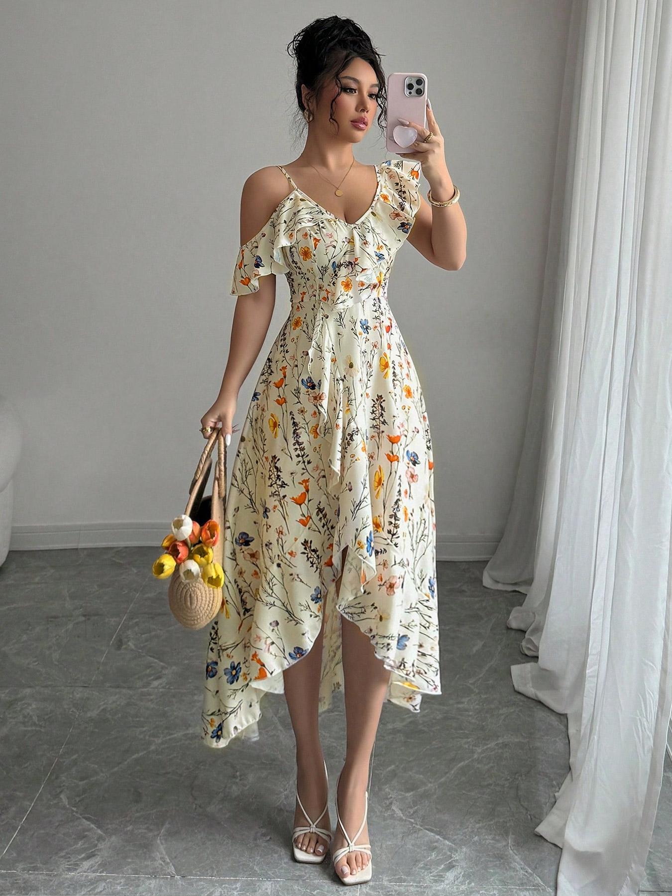 Robe à imprimé floral pour femmes, design irrégulier, style ajusté décontracté, parfaite pour les vacances et les rendez-vous, vêtements de mode pour femmes