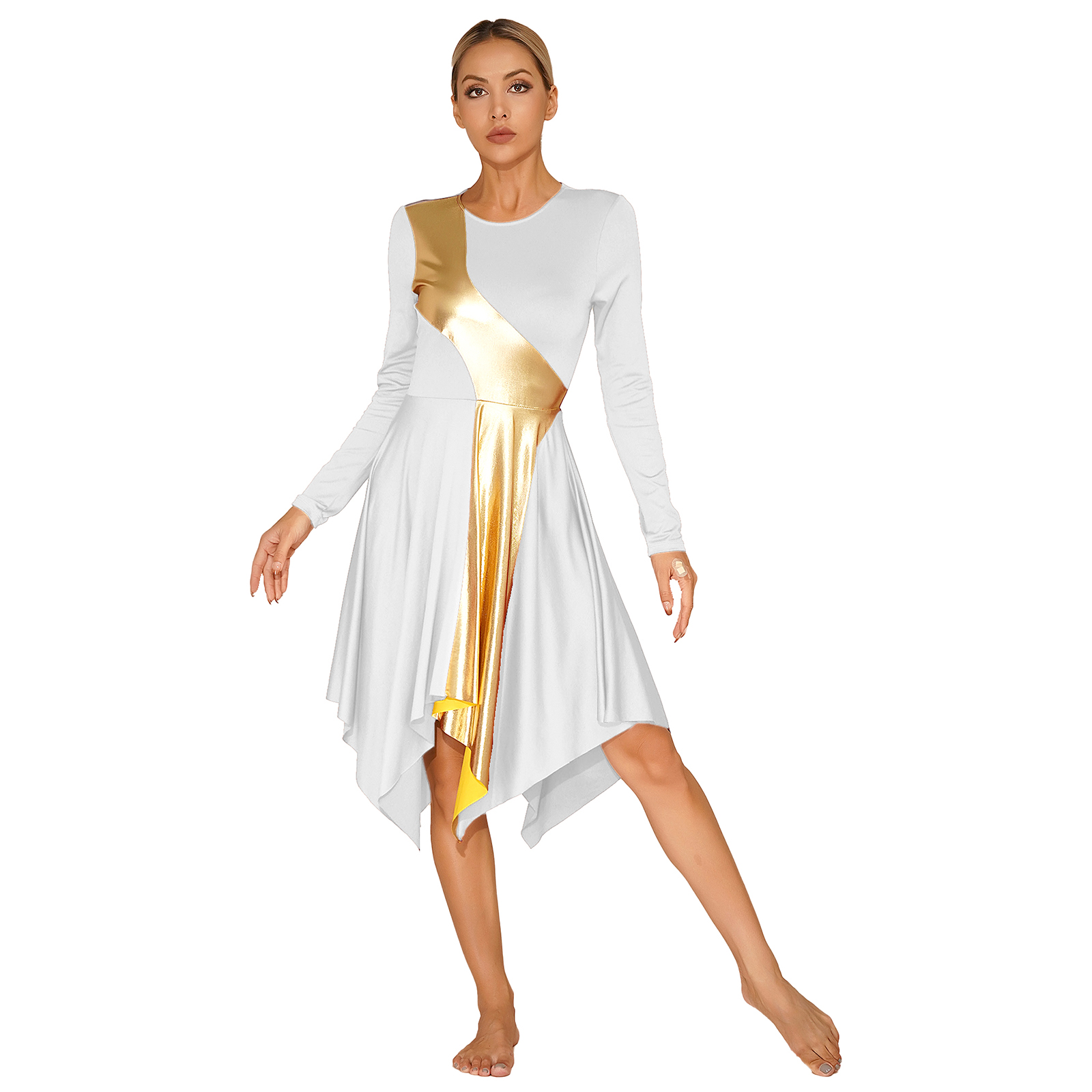 Tenue de danse de culte pour femmes, bloc de couleur métallique, robe de danse d'éloges + pantalon ample, vêtements de danse liturgiques pour spectacle de chorale d'église