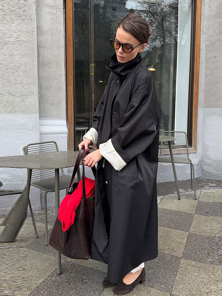 Manteau trench mi-long pour femme, col montant, simple boutonnage, manches longues, coupe droite oversize, automne, décontracté, polyvalent, streetwear