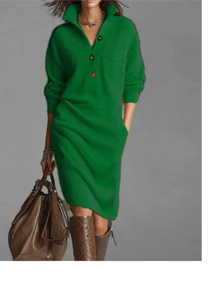 Robe pull tricotée pour femme, mode hiver, décontractée, à col boutonné, coupe ample, avec poches, style décontracté, longue, à manches longues, au-dessus du genou