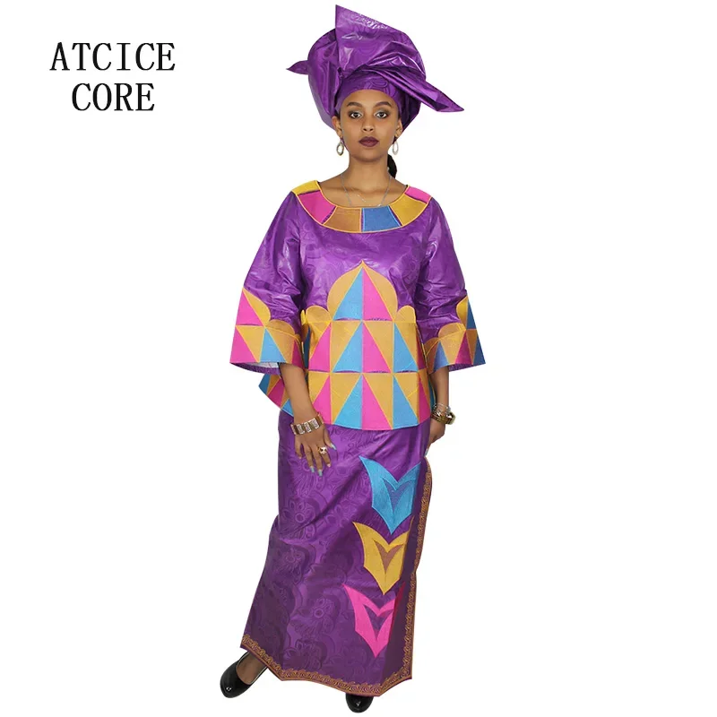 Robe Africaine Longue en Tissu Bazin Riche avec Broderie pour Femme, Tenue avec Cravate pour Sauna