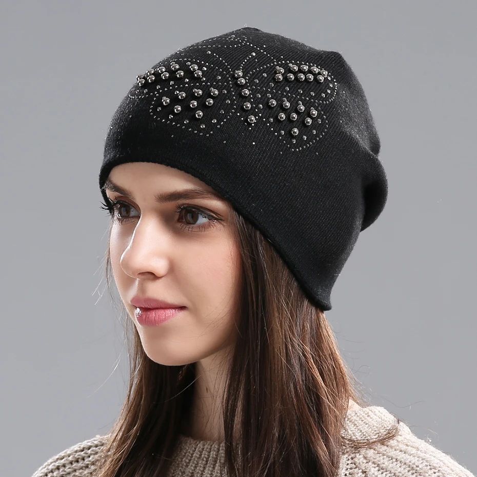 Femmes hiver chapeaux laine tricot bonnet chapeau épais chaud Double couche mode crâne casquette