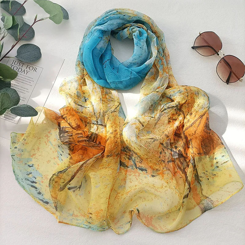 Été arbre de vie en mousseline de soie crème solaire Foulard en soie plage longues écharpes châle femmes léger respirant Georgette Foulard Bandana