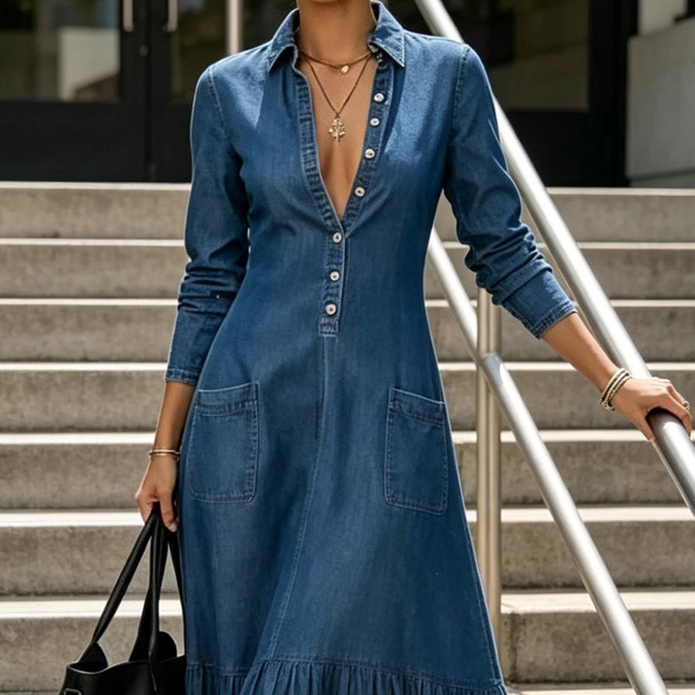 Robe en jean ample pour femme, maxi, boutonnée, avec poches, manches longues, col à revers, col en V, coupe trapèze fluide