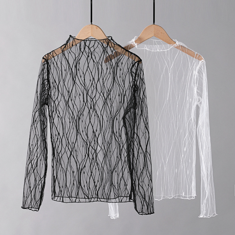 T-shirt en dentelle élégant pour femmes, hauts à manches longues en maille, Sexy, Transparent, col haut, chemises à bascule en dentelle noire, Punk