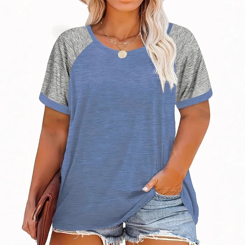 T-shirt décontracté à col rond et manches courtes pour femme, grande taille, avec empiècements de couleur, texture lisse et douce