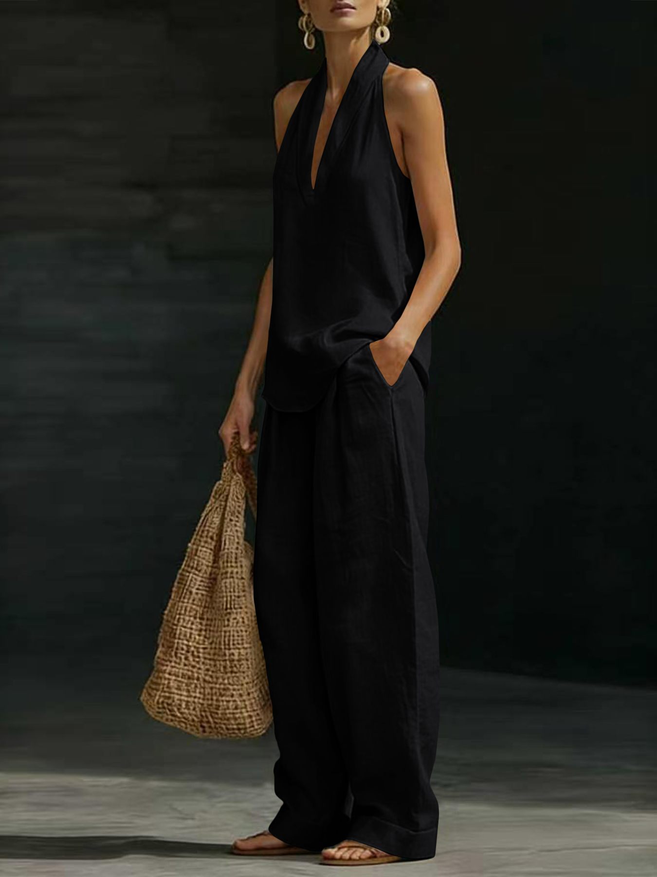Nouvel ensemble décontracté d'été 2026 en lin sans manches pour femme, style européen tendance, pantalon large et ample, deux pièces
