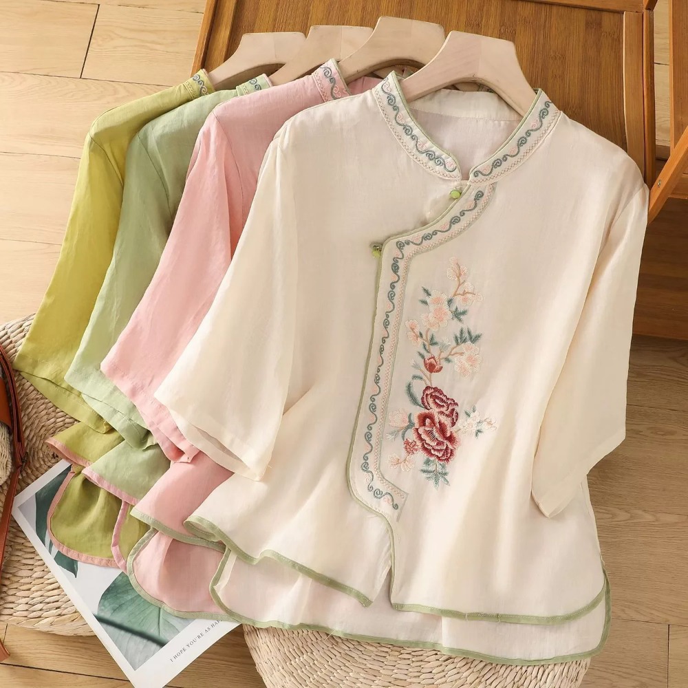 Décontracté ample Blouse chemise femmes vêtements été coton lin dames hauts t-shirt Blusas Vintage broderie femme chemise Camiseta Mujer