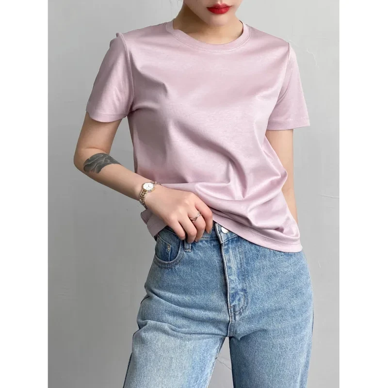 T-shirts en Soie de Mûrier et Coton pour Femme, Hauts Unis à Col Rond, Manches Courtes d'Été, T-shirts Basiques Doux, Style Ample, Mode Coréenne 2026
